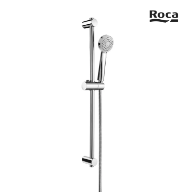 Set dus Roca Stella: para dus ø 8 cm 1 functie, bară dus 70 cm cu suport culisant, furtun flexibil PVC 1,7 m