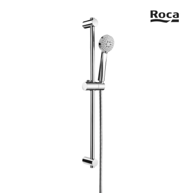 Set dus Roca Stella: para dus ø 8 cm 3 functii, bară dus 70 cm cu suport culisant, furtun flexibil PVC 1,7 m