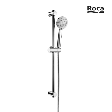 Set dus Roca Stella: para dus ø 10 cm 3 functii, bară dus 70 cm cu suport culisant, furtun flexibil PVC 1,7 m