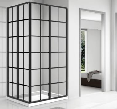 Cabina dus patrata 90x90x185 cm, profil negru ODS 7005, cadita joasa din acril inclusa, sticla sablata securizata